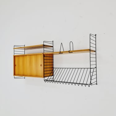 Wall-mounted original Swedish string shelf system, drawers, bookcase teak by Nils & Kajsa Strinning, 1960s 