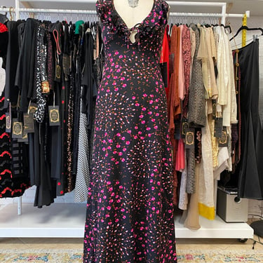 vintage 1970s black and purple floral halter maxi dress, medium, ruffled, plunge 