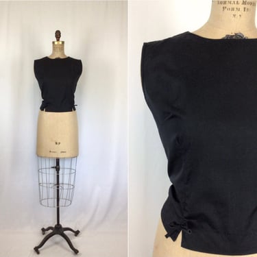Vintage 50s blouse | Vintage black bow shirt | 1950s sleeveless cotton top 