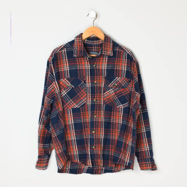 Vintage 90s Orange & Navy Plaid Heavy Flannel Shirt - 