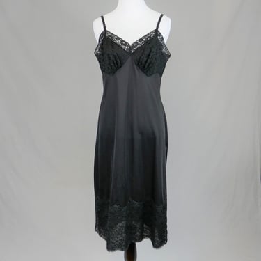 60s Black Slip - Lace Trim Full Nylon Dress Slip - Vanity Fair - Vintage 1960s - Size 36 Tall 