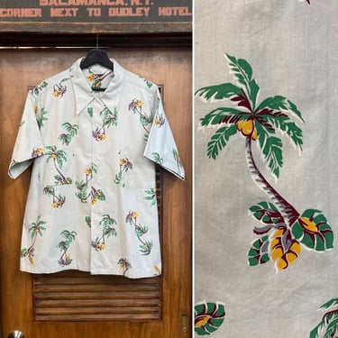 Vintage 1940’s Size L Atomic Palm Tree Loop Collar Cotton Tiki Hawaiian Shirt, 40’s Vintage Clothing 