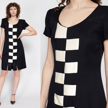 Medium 80s Black & White Checkered Lattice Mini Dress | Vintage Short Sleeve Cocktail Dress 
