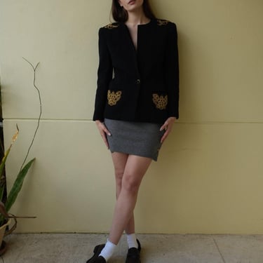 Vintage Wool Blazer with metal embellishment / 90's Suit Jacket / Holiday Party Shoulder Pads / Peggy Jennings Jacket 