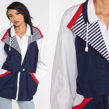 80s Nautical Windbreaker Jacket Blue Striped Jacket Sailor Jacket White 1980s Sports Cotton Blend Vintage Medium Large 