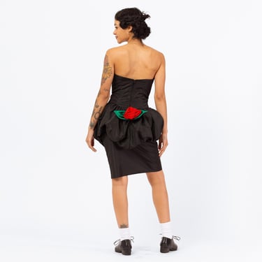 Vintage 80s Black Peplum Rose Party Dress - Small | Strapless Bubble Skirt Mini Dress, Retro 1980s Prom Dress 
