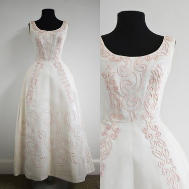 1950s/60s Cream Formal Dress with Pink Scroll Cording 