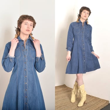 Vintage 1970s Dress / 70s Denim Snap Front Shirtdress / Blue ( small S ) 