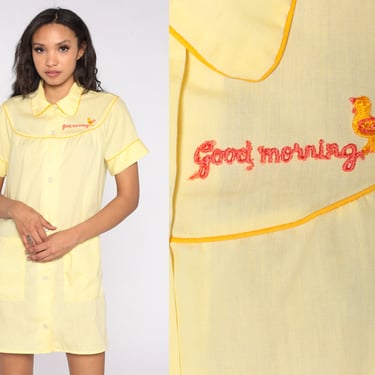 70s Pajama Dress Pastel Yellow Nightgown Good Morning Rooster House Dress Short Sleeve Sleeve Mini Nightie Boho Vintage Snap Up Medium Large 