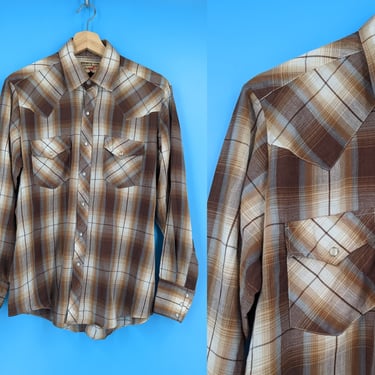 Vintage 70s Youngbloods Medium Brown Plaid Long Sleeve Pearl Snap Western Cowboy Shirt 