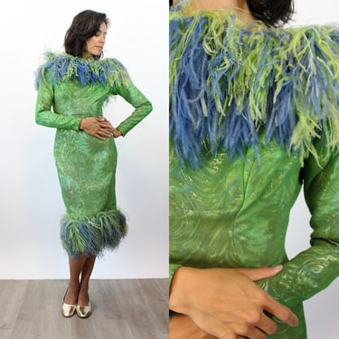 1960s silk MARABOU FEATHERS wiggle dress small | new fall 