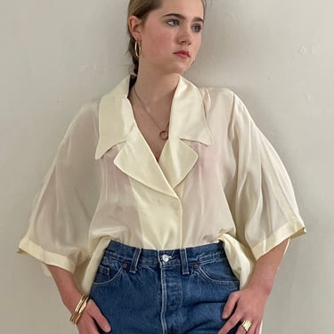 90s silk blouse / vintage eggshell white semi sheer 100% silk crepe notched lapel collar capsule wardrobe shirt long blouse | Plus XL 