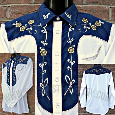 Vintage Western Retro Men's Cowboy and Rodeo Shirt by Saturday's, White & Navy, Embroidered Gold Flowers, Tag Size Large (see meas. photo) 