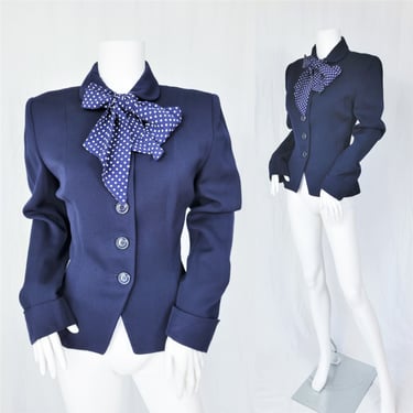 Joselli 1950's Navy Blue Wool Gabardine Suit Coat I Jacket I Blazer I Polka Dot Tie I Sz  Med 