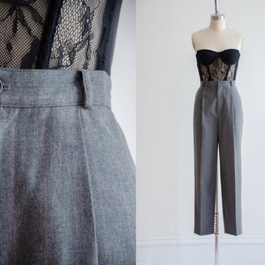 high waisted pants | 80s 90s vintage gray pink pin stripe dark academia pleated straight leg trousers 
