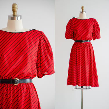 red striped dress 80s vintage fit and flare knee length dress 