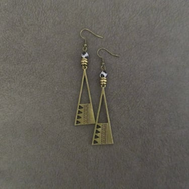 Bronze triangle earrings, geometric earrings, unique mid century modern earrings, ethnic earrings earrings, bohemian earrings, statement 
