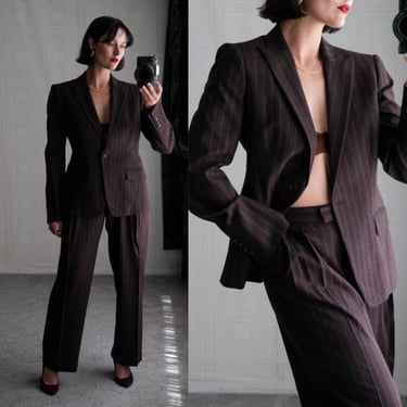 SALVATORE FERRAGAMO Brown Striped Angora Blend Single Button Wide Leg Pant Suit | Made in Italy | Y2K 2000s Italian Designer Womens Suit 