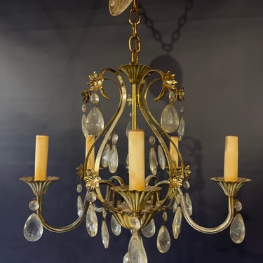 Vintage 5 Arm Metal and Crystal Chandelier With Floral Accents 16” X 15”