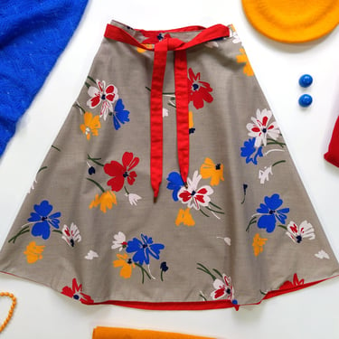 Cute Vintage 70s 80s Brown Red Yellow Blue Floral Wrap Skirt 