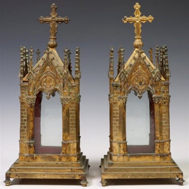 Antique Religious French Gothic Revival Gilt Bronze Cathedral Church Reliquary Shrine Pair 19th Century Signed BC 