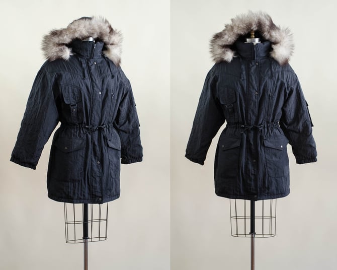 black hooded parka coat | 90s vintage Express fur trim down jacket dark academia warm winter puffer coat for women 