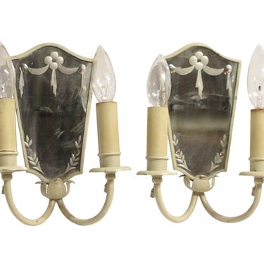 Pair of 1920s Ivory Painted Brass Etched Mirror Wall Sconces