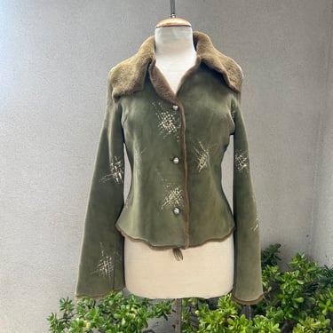 Vintage Kippys olive green shearling jacket rhinestone glitter bell sleeve XS/S 