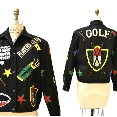 Vintage Sequin Jacket Black GOLF Sports Bomber Jacket By Modi Medium Large// Vintage Sequin Beaded Jacket Pop Art Sports USA Golf Olympics 