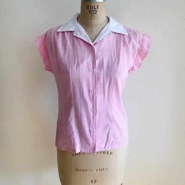 Bright Pink Gingham Shirt with White Contrast Collar - 1970s 