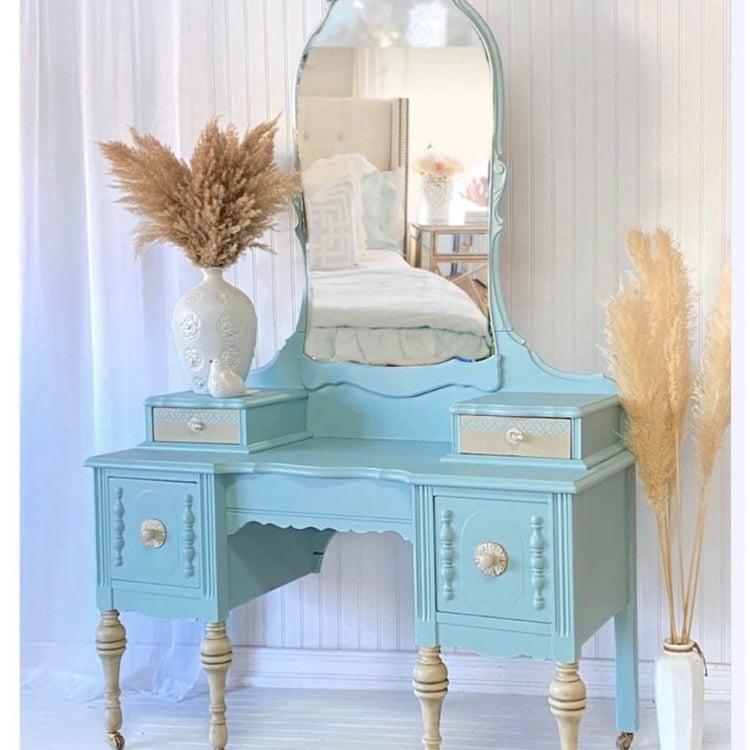 blue dressing table Dressing Table : Modern Blue Dressing Table with 4 Drawer & Cushion St –  Studio GKW main image 1