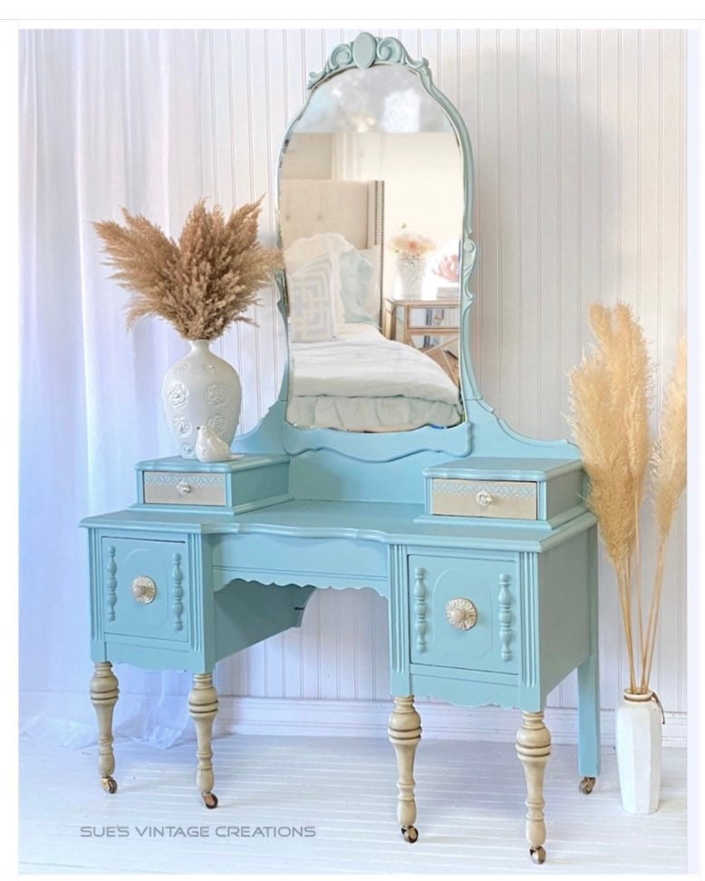 blue dressing table Beautiful Antique Blue Vanity Dressing Table|Makeup Table| | Sue's Vintage  Creations - Chino, CA