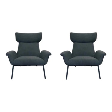 Mid-Century Modern Style Navy Blue Wool Blend Lounge Chairs Pair