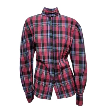 Vintage Ralph Lauren Plaid Shirt, Prairiecore High Round Collar, Equestrian Puff Sleeve, Country & Western Blouse, Hong Kong 