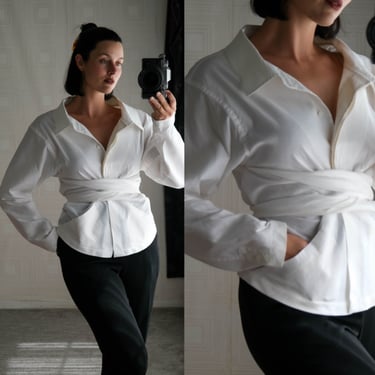 DONNA KARAN Black Label White Poplin Documented Runway Structured Avant Garde Tie Waist Wrap Button Front Blouse | Y2K 2000s DKNY Designer 