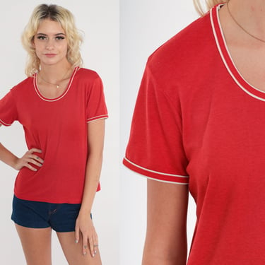 70s Ringer Tee Red Scoop Neck Top Short Sleeve T-Shirt Retro Preppy Casual White Striped Tshirt Vintage 1970s Plain Medium 