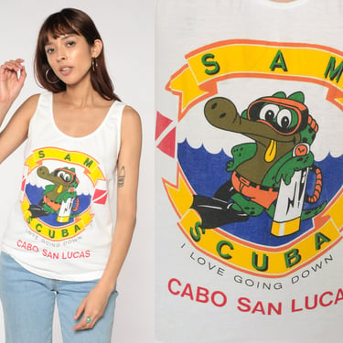 Scuba Mexico Shirt 80s Cabo San Lucas T-Shirt Alligator Sam Graphic Tee Funny Going Down Joke TShirt Single Stitch White Vintage 1980s Small 