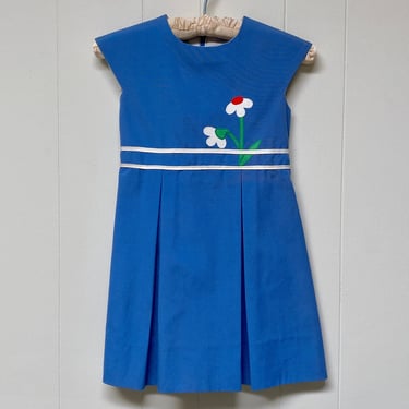 Vintage 1960s Little Girl's Dress, Blue Sleeveless Cotton with Floral Appliqué by Sylvia Whyte for I. Magnin, 