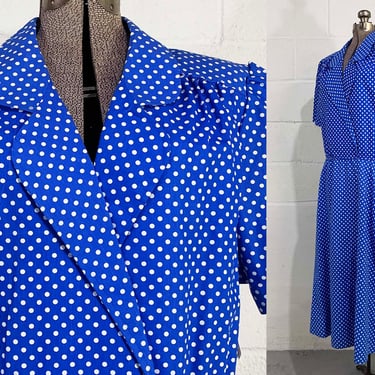Vintage Mod Blue Shirt Dress Polka Dot White Short Sleeve Fit and Flare Caliche Curvy Plus Volup NOS Deadstock XXL XL 1980s 80s 