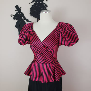 Vintage 1980's Hot Pink Stripe Cocktail Dress / 80s Puff Sleeve Formal Dress S 