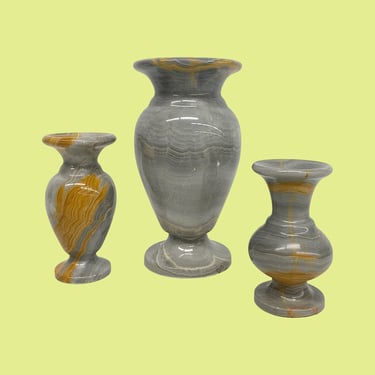 Vintage Onyx Vase Set Retro 1980s Contemporary + Hasan + Gray and Orangish Brown + Stone + Set of 3 + Modern Home Deocor + Bergama-Turkey 