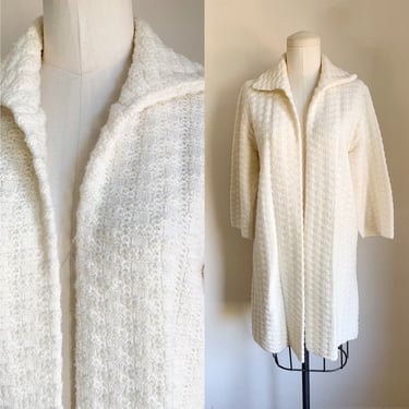Vintage 1960s White Sweater Car Coat / Open Front Cardigan // S-M 