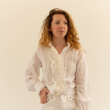 Vintage White Cotton Lace Shirt | 80s does Victorian Folk Blouse | Saks Fifth Avenue Romantic Top | S | 