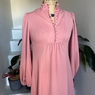 1970s Dusty Rose Maxi Blouson Sleeves Button Detail 34 Bust Vintage 