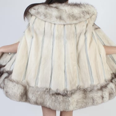 Platinum Mink Fur Cape, Real Fox Fur Trim, Vintage 60s Arctic Bridal Wrap, Leather Trim Womens Coat 