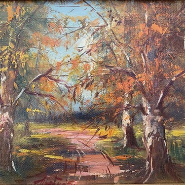 Framed oil painting, fall landscape, signed original art by Hungarian artist, colorful Ohio autumn woodland scene 