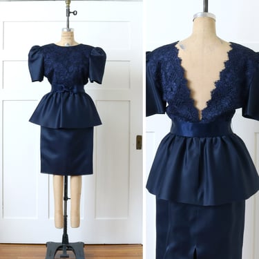 designer vintage 1990s Carolina Herrara dress • navy blue silk organza and lace party dress 