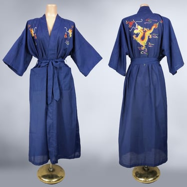 VINTAGE 60s 70s Dragon Embroidered Chinese Kimono Robe by Fedo | 1960s 1970s  Navy Blue Dressing Gown Robe | VFG 