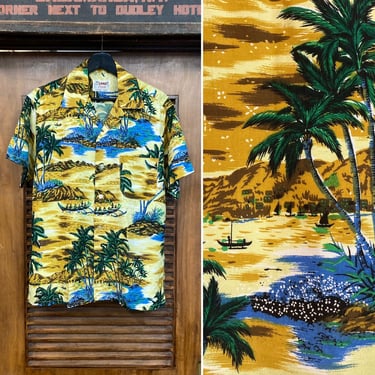 Vintage 1960’s Loop Collar Tropical Island Tiki Palm Tree Rayon Hawaiian Shirt, 60’s Vintage Clothing 
