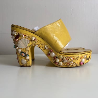 Vintage 1960s designer wooden platform sandals | ‘60s marigold yellow leather seashell & glitter heels, approximate 7 